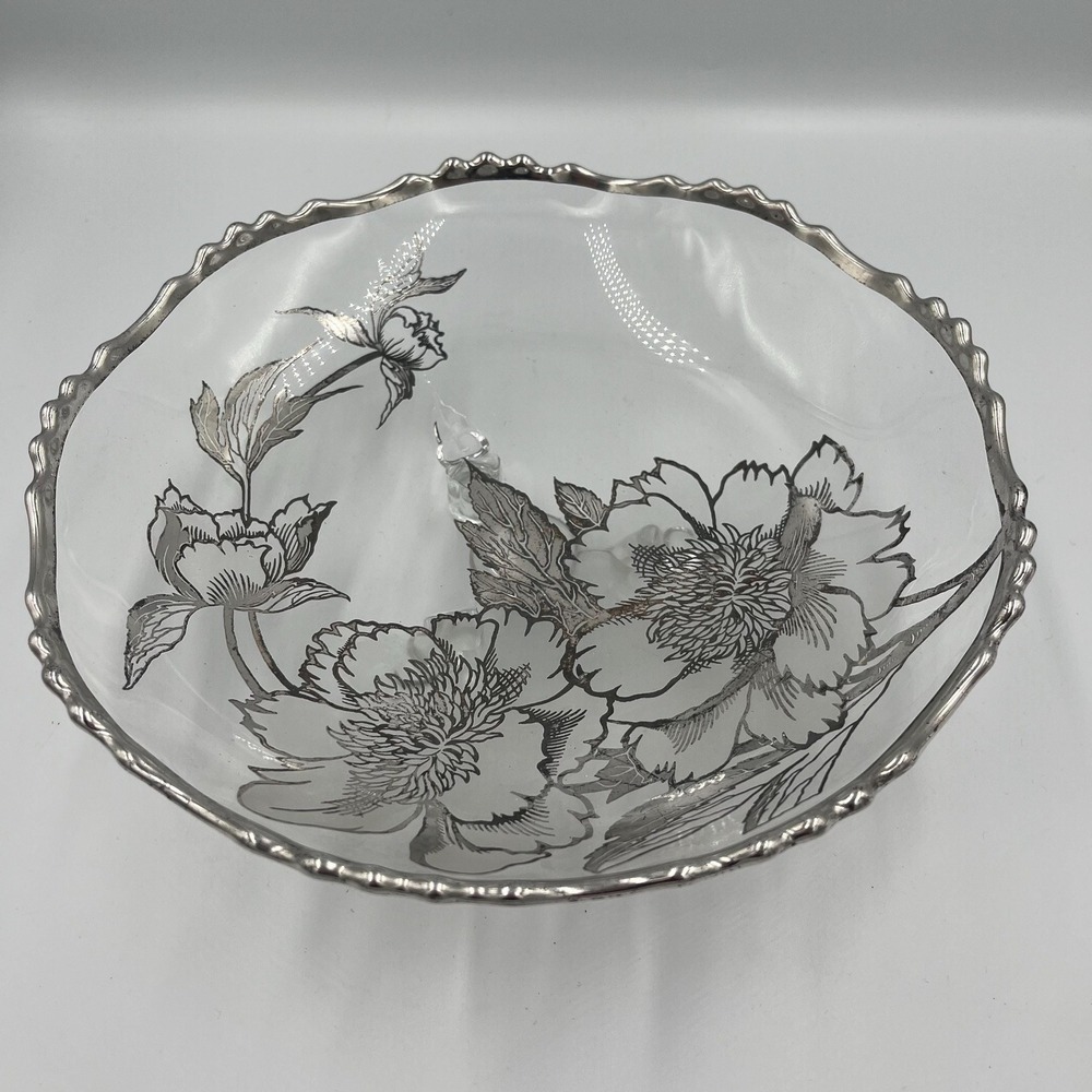 Vintage Rockwell MCM  Footed Bowl‎ Silver Overlay Cabbage Roses Elegant Timeless